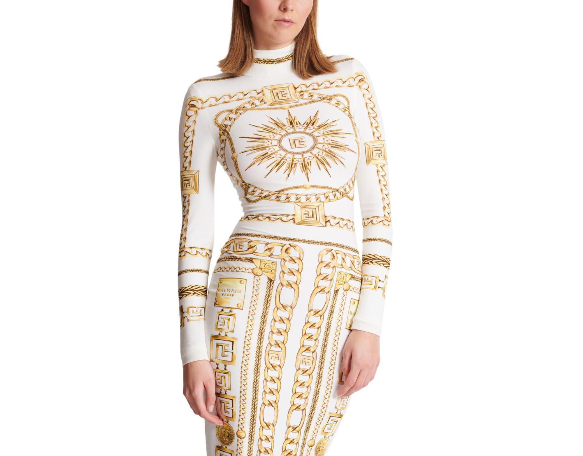 Long Printed Bodycon Dress with Balmain Foulard Pattern — Image 3