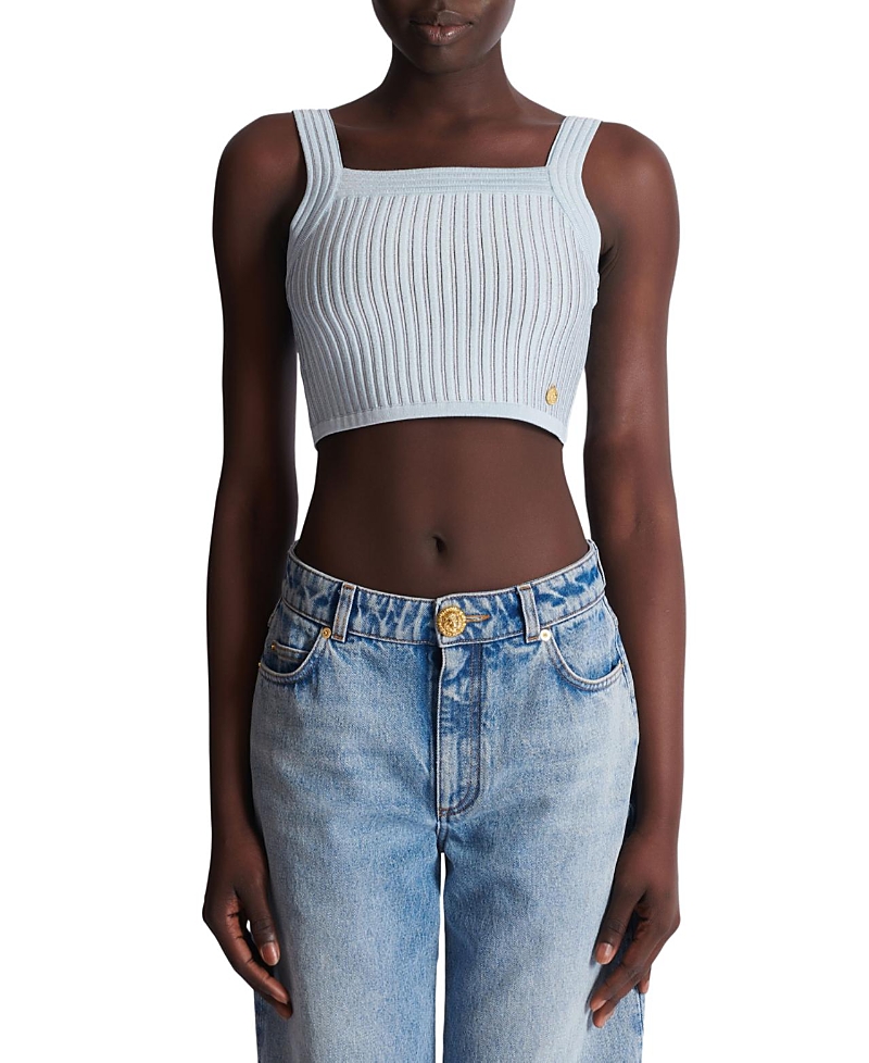 Balmain Knitted Stripe Crop Top In Blue