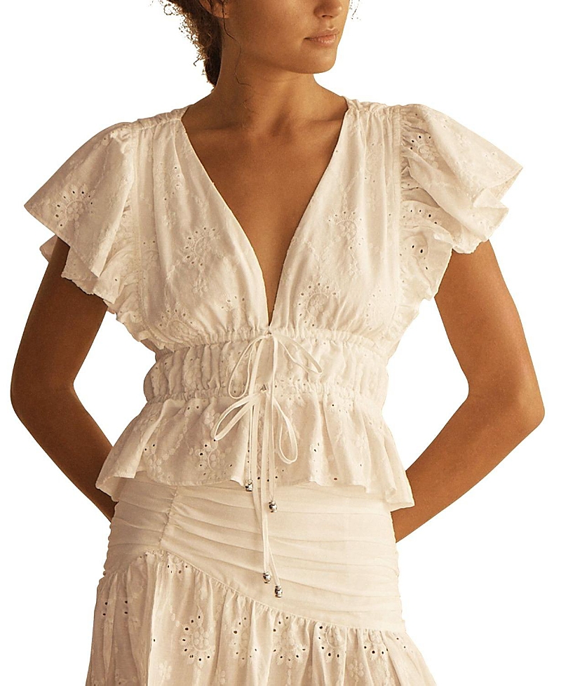 Aur Ocea Vinya Ruffle Sleeve Drawstring Top In Neutral