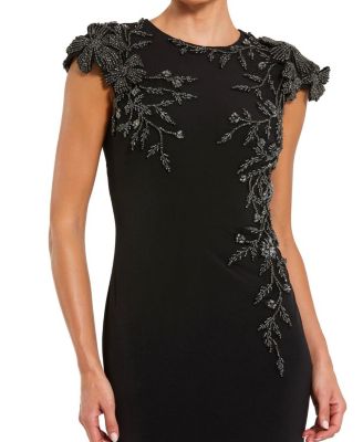 Jersey Cap Sleeve Fitted Gown With Beaded Flowers