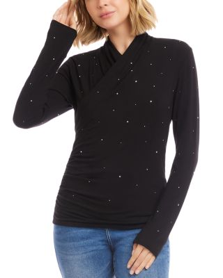 Long Sleeve Embellished Drape Front Crossover Top