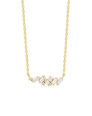 18K Yellow Gold Classic Diamond Baguette & Round Bar Necklace, 16-18"