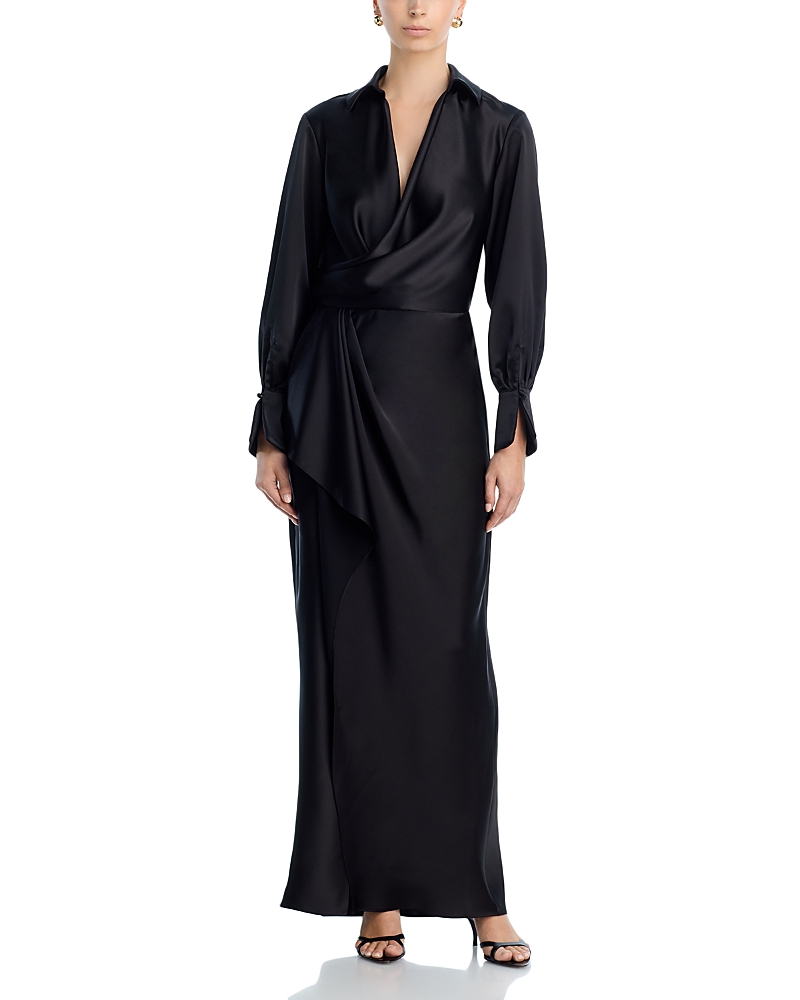 Aqua Satin Long Sleeve Maxi Gown - Exclusive In Black