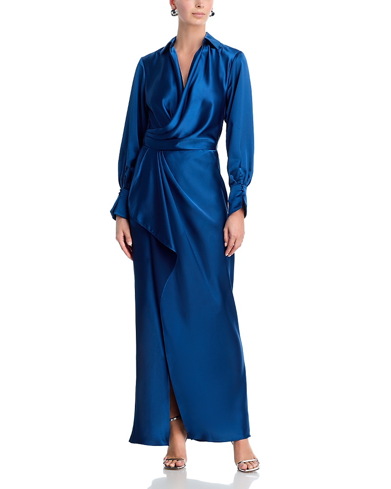 Aqua Satin Long Sleeve Maxi Gown - Exclusive In Blue