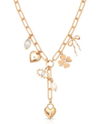 Cubic Zirconia & Cultured Freshwater Pearl Multi Charm Lariat Necklace, 17.5"-20.5"