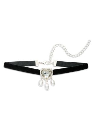 Rhinestone Heart & Imitation Pearl Charm Velvet Ribbon Choker Necklace, 12"-14" - Exclusive