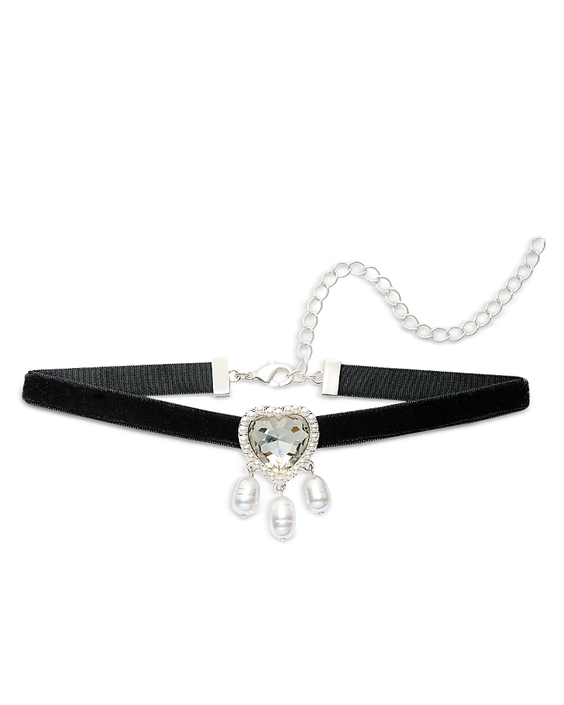 Aqua Rhinestone Heart & Imitation Pearl Charm Velvet Ribbon Choker Necklace, 12-14 - Exclusive In Black