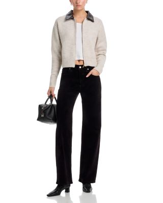 Faux Leather Collar Zip Up Cardigan