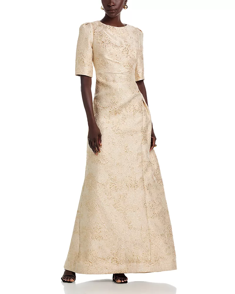 Teri Jon by Rickie Freeman Metallic Jacquard Short Sleeve Gown