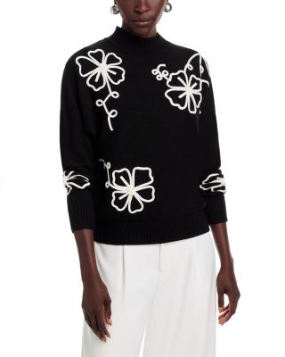 Long Dolman Sleeve Mock Neck Flower Embroidery Sweater
