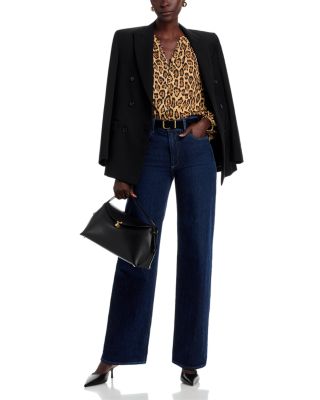 Split V Neck Leopard Print Button Down Blouse