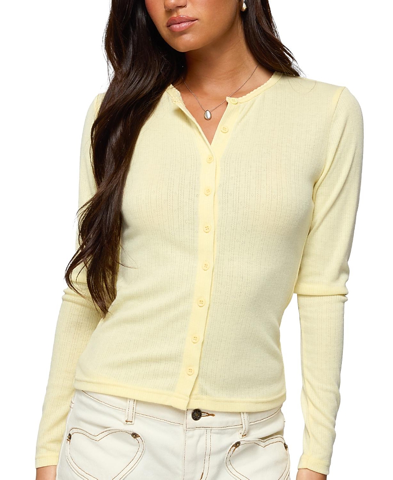 Edikted Maeva Pointelle Button-up Top In Yellow