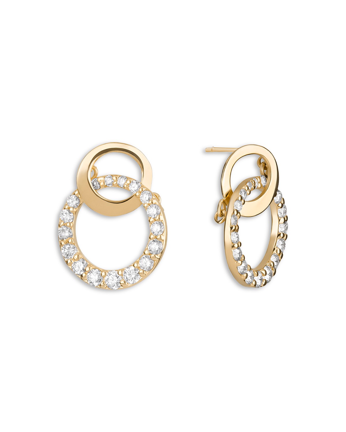 14K Gold Double Interlocking Circle Diamond Dangle Studs, 0.57 tcw