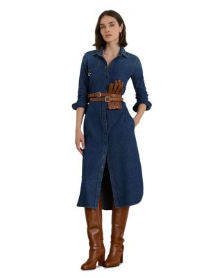 Petites Horsebit Trim Belted Denim Shirtdress