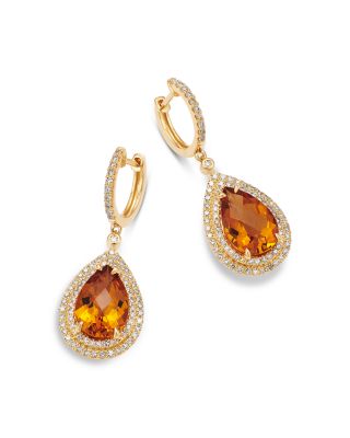 Cognac Citrine & Diamond Pear Shaped Halo Drop Earrings in 14K Yellow Gold