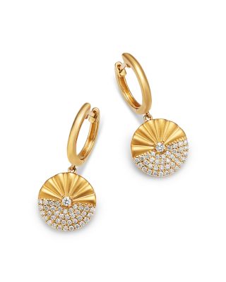 Diamond Pav&eacute; Ridge Textured Circle Drop Earrings in 14K Yellow Gold, 0.42 tcw