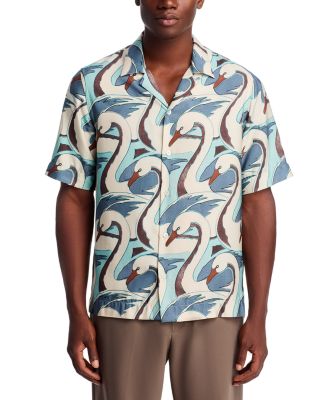 Swan Print Short Sleeved Regular Fit Button Down Shirt