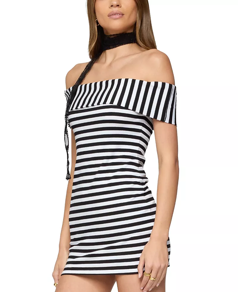 Edikted Zivi Fold Over Striped Mini Dress