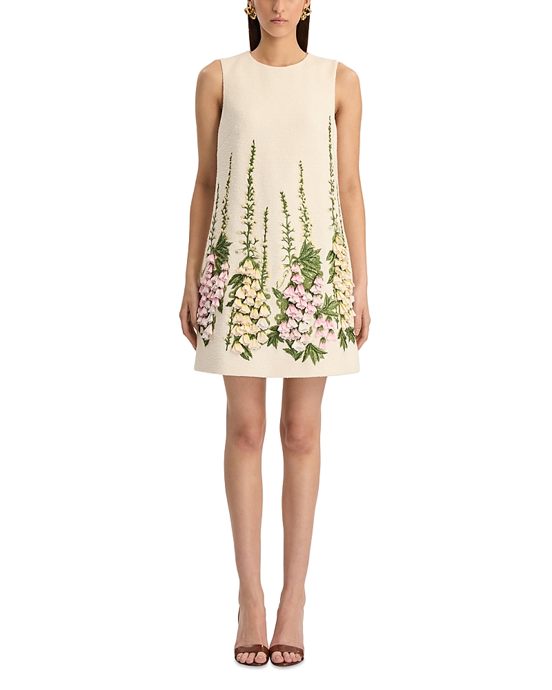 Oscar De La Renta Foxglove Embroidered Tweed Mini Shift Dress In White
