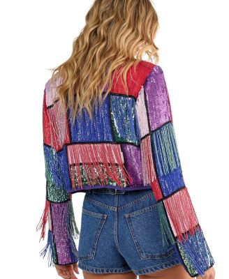 Colour Block Check Tassel Sequin Jacket