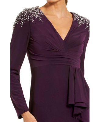  Long Sleeve with Cascading Ruffle & Rhinestone Shoulders Gown