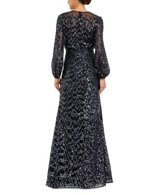 Sequin Long Sleeve Blouson Evening Gown