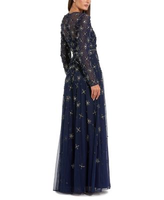 Long Sleeve Crystal Embellished Evening Gown