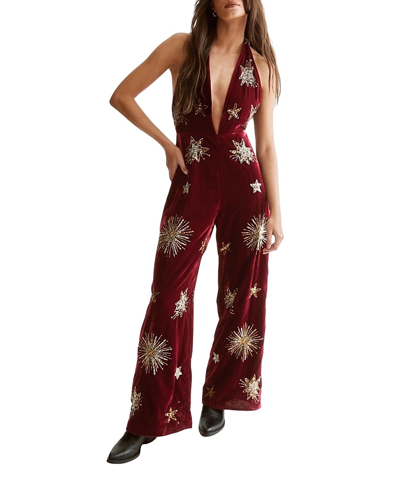 Nasty Gal Star Embellished Velvet Halter Jumpsuit In Burgundy
