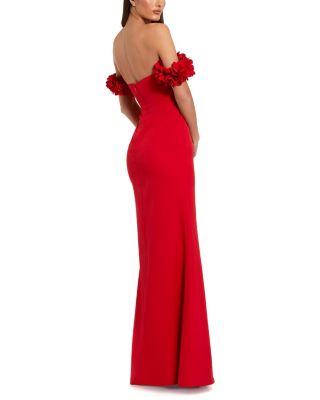  Off-the-Shoulder Crepe Gown with 3D Floral Applique