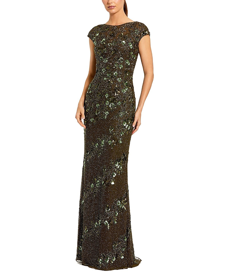 Mac Duggal Beaded High Neck Cap Sleeve Column Gown In Black