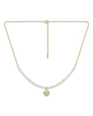 Pav&eacute; Heart Cultured Freshwater Pearl Beaded Pendant Necklace, 16"-18" - Exclusive