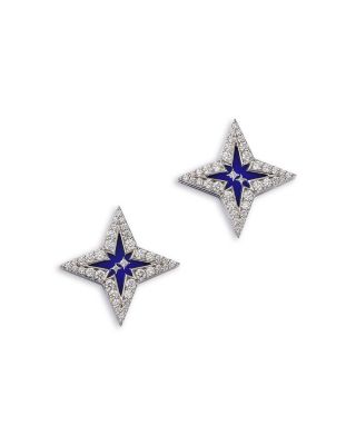18K White Gold Stardust Diamond & Blue Ceramic Star Stud Earrings