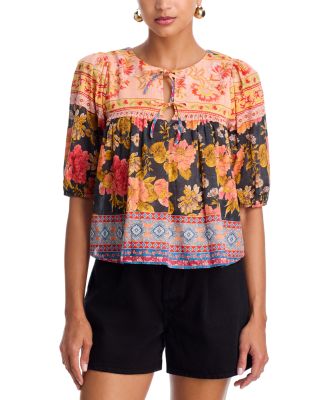 Willow Floral Border Elbow Sleeve Top - Exclusive
