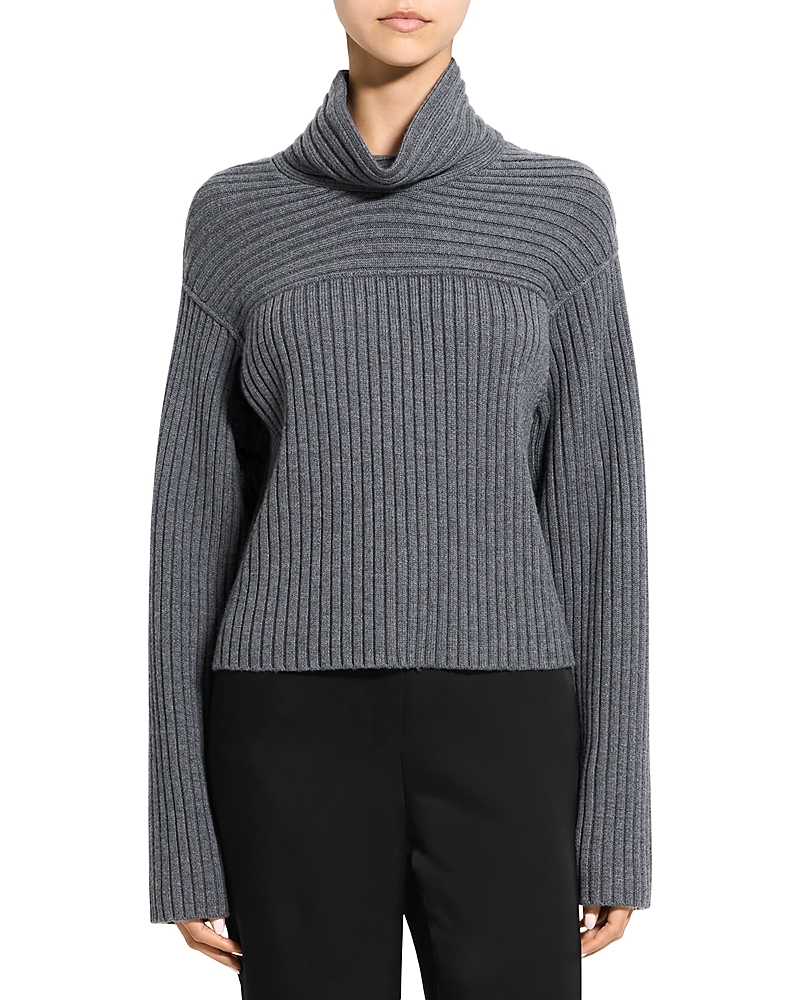 Theory Wool Ribbed Mock Neck Sweater In Gray