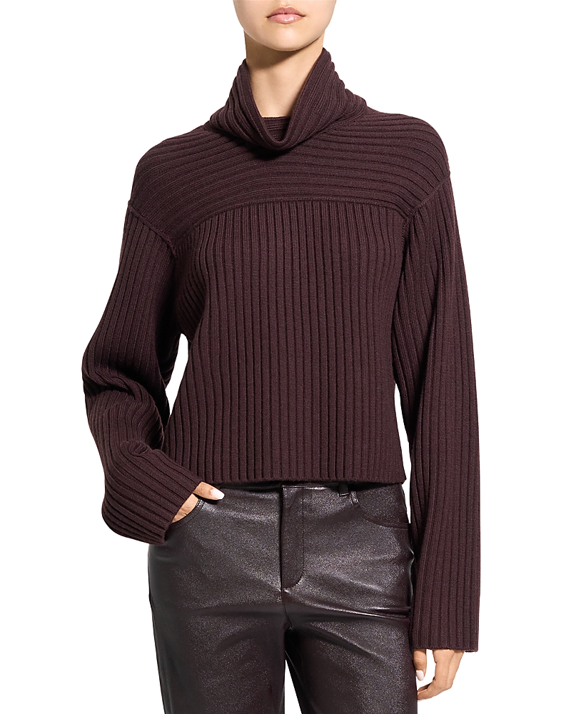 Theory Wool Ribbed Mock Neck Sweater In Purple