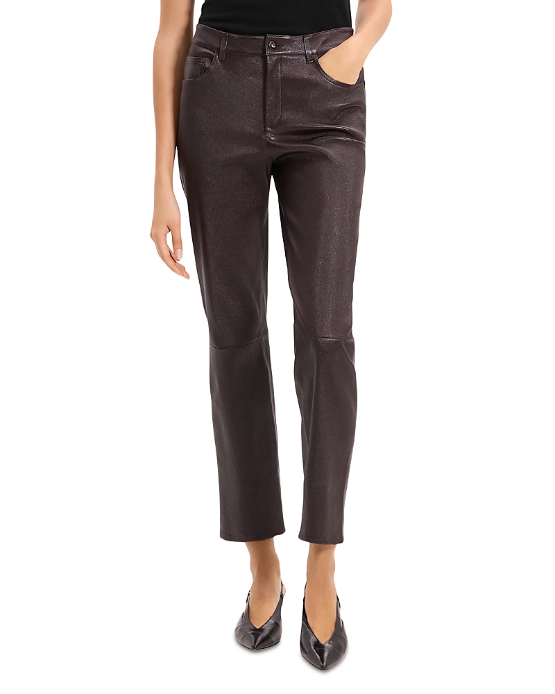 Theory Glossed Leather Straight Leg Pants In Brown