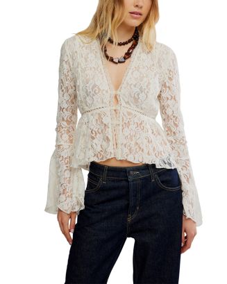 Blouse Free People 'Say You Love Me' - Taille L, Couleur Ivoire/marine, Motif Floral, Neuf Avec étiquettes