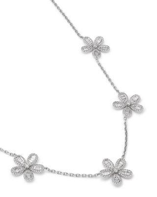 Diamond Round & Baguette Daisy Station Collar Necklace in 14K White Gold, 3.1 tcw