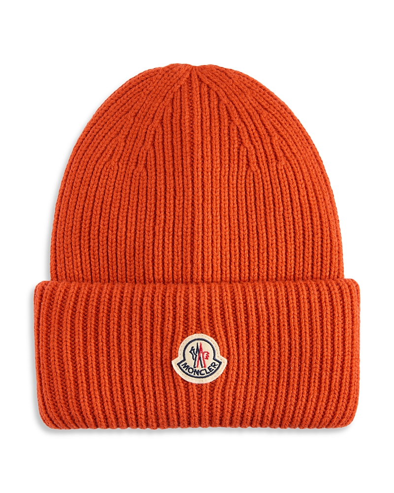 Moncler Logo Hat With Folded Cuff And Ribbed Texture In Red