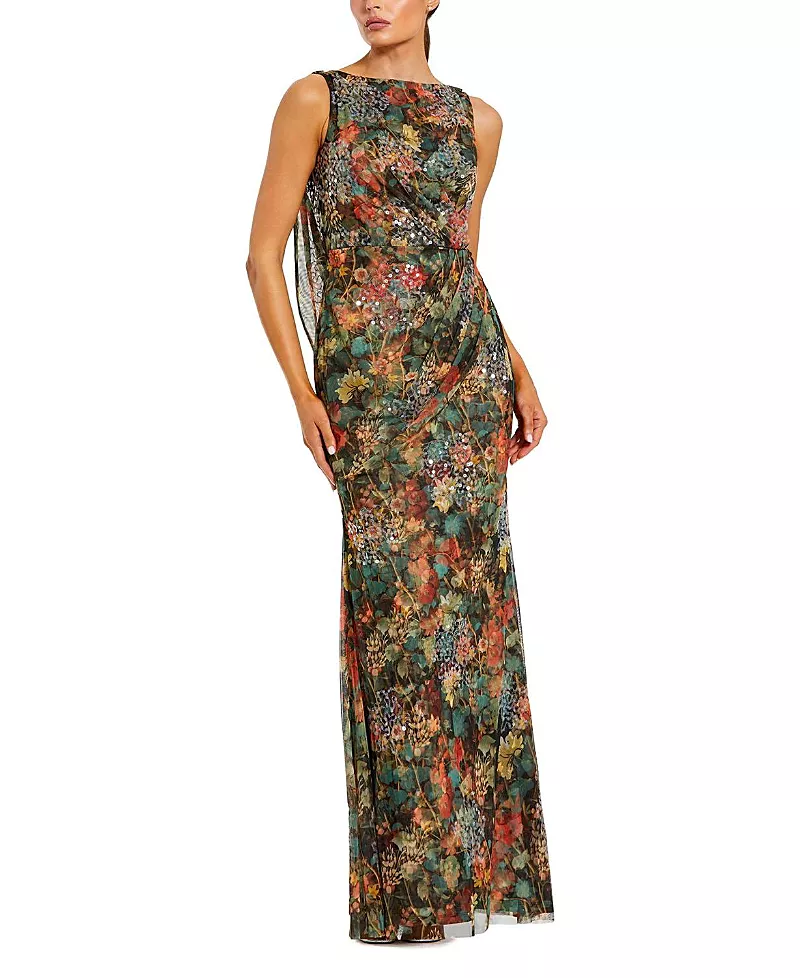 Mac Duggal Printed Mesh Cowl Back Column Gown