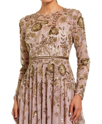 Long Sleeve Hand Embellished Floral A-line Gown