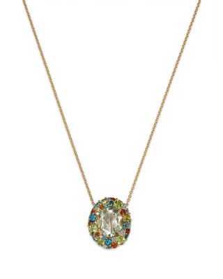 Prasiolite, Multi Gemstone & Diamond Halo Pendant Necklace in 14k Yellow Gold, 18"