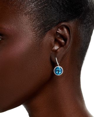 Swiss Blue Topaz, Blue Sapphire & Diamond Halo Drop Earrings in 14K White Gold