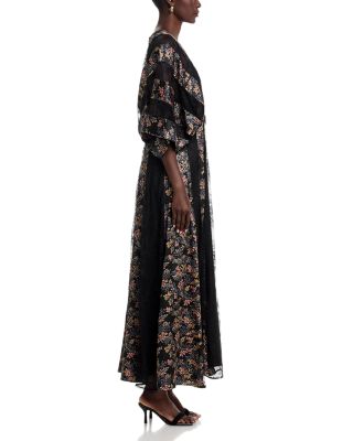 Printed Kimono Sleeve Lace Detail Maxi Dress