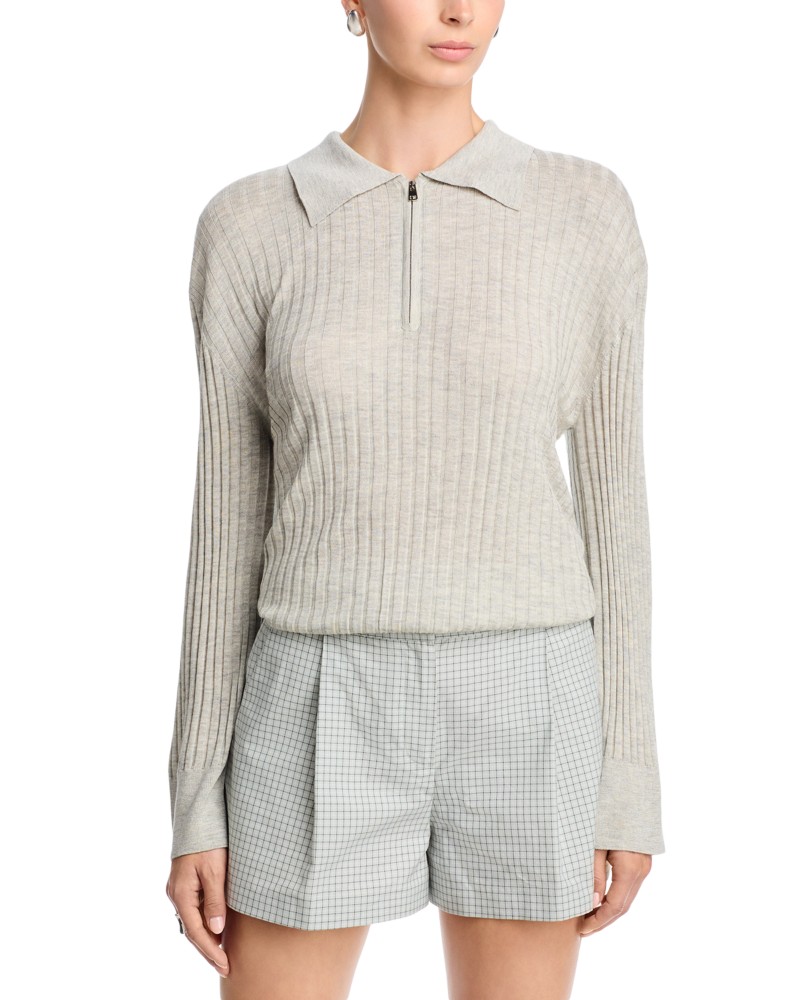 Brandon Maxwell Sabine Silk & Cashmere Zippered Polo Top in Light Heather Grey