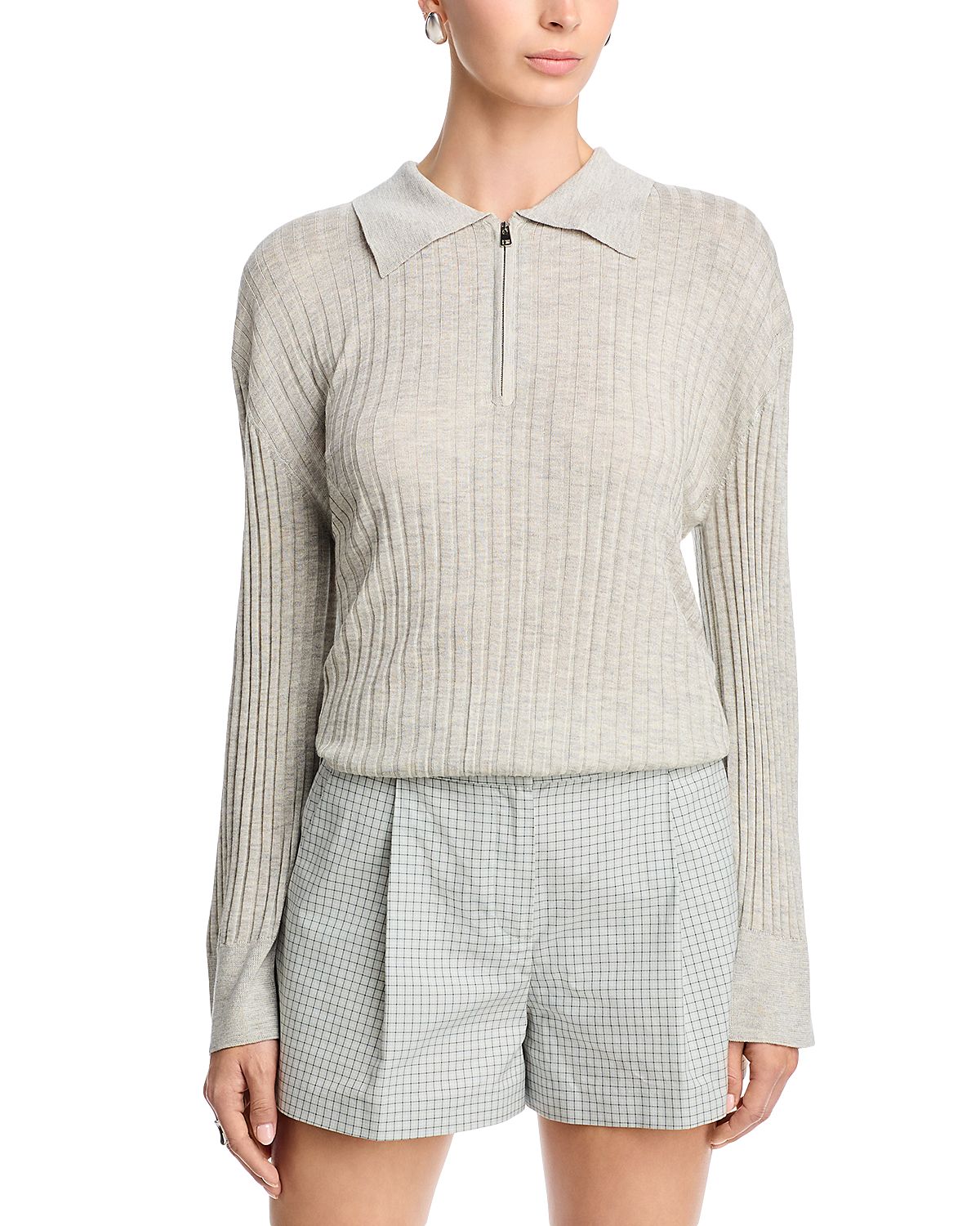 Brandon Maxwell Sabine Silk & Cashmere Zippered Polo Top