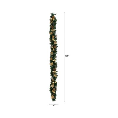 Pre-Lit Artificial Golden Frosted 9' Christmas Garland with Warm White LED Lights Pinecones, Berries and Ornaments