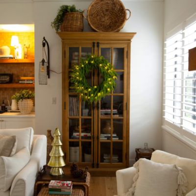 Pre-Lit Artificial Real Touch Norfolk Island Pine Wreath with Warm White LED Lights and Natural Look