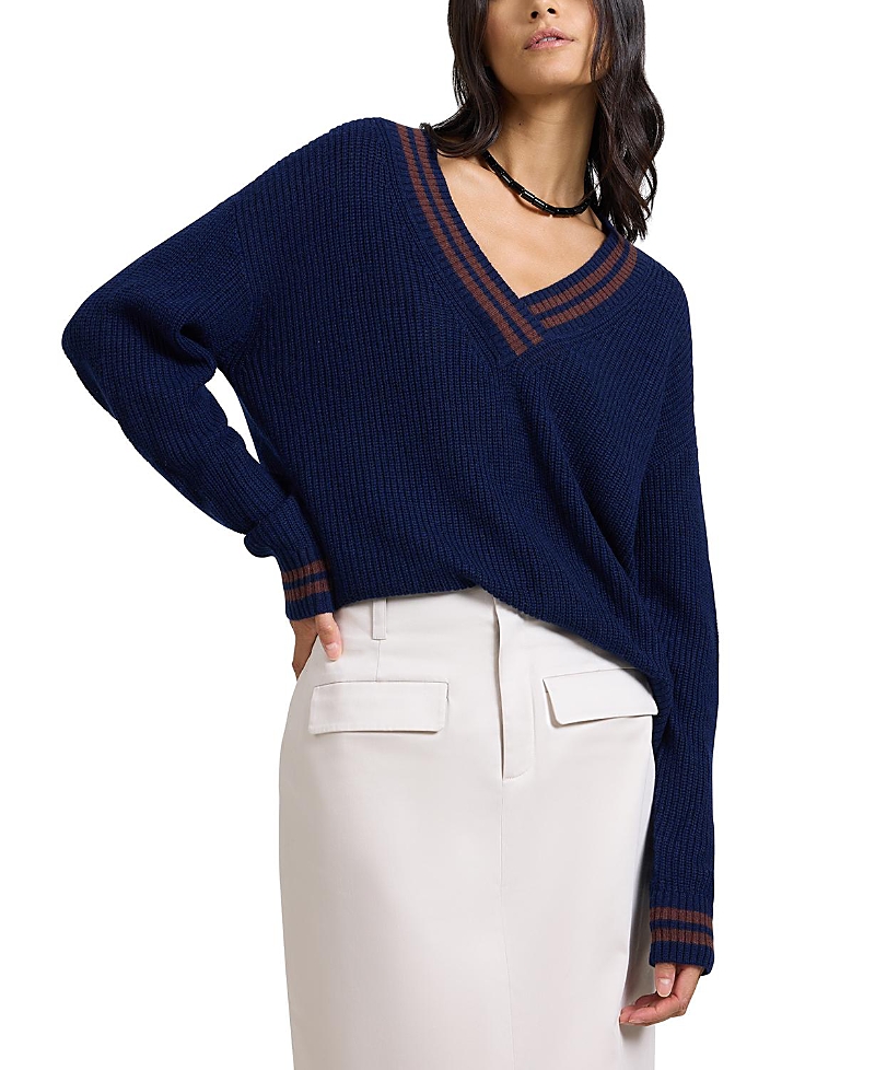 Onia Deep V-neck Varsity Pullover Sweater In Blue