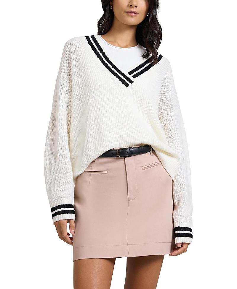 Onia Deep V-neck Varsity Pullover Sweater In White